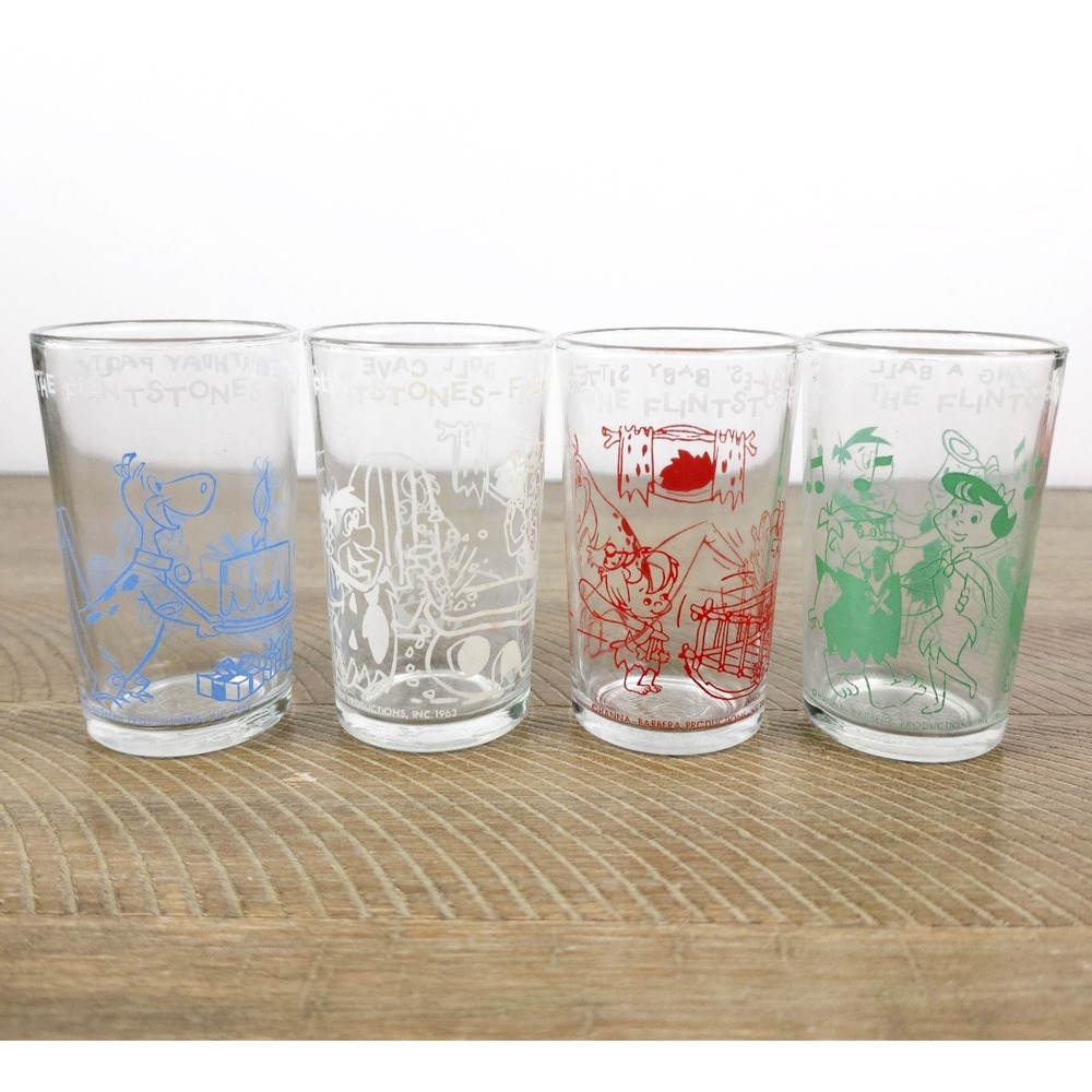 Vintage Flintstones 1963 Welch's Jelly Juice Glasses Set of 4 Mixed Colors